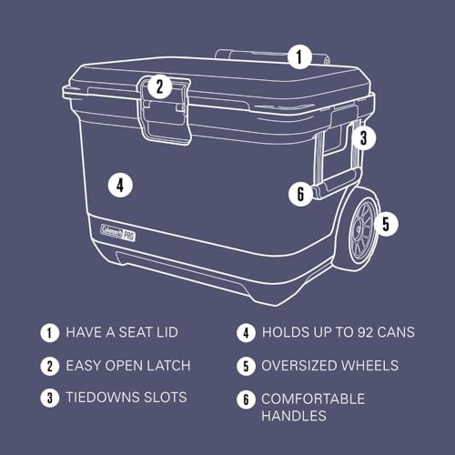 Coleman Pro 55qt Wheeled Ultra-Light Premium Hard Cooler, Extra-Thick Insulation Keeps Ice up to 5 Days, 92-Can Capacity, Heavy-Duty Wheels