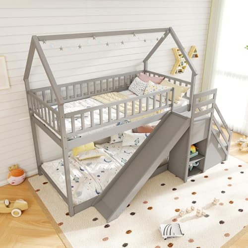Giantex House Bunk Bed Twin Over Twin with Slide & Stairs, Wood Bunk Bed with Storage Shelves, No Box Spring Needed