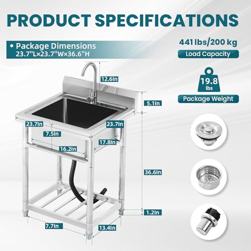 Utility Sink Stainless Steel Free Standing Single Bowl Laundry Outdoor Commercial Kitchen Sink with Cold Hot Pipe for Bar, Garage, Restaurant