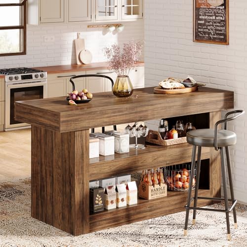 Tribesigns 55-Inch Kitchen Island with Storage, Farmhouse 3-Tier Stationary Island Table with Large Countertop
