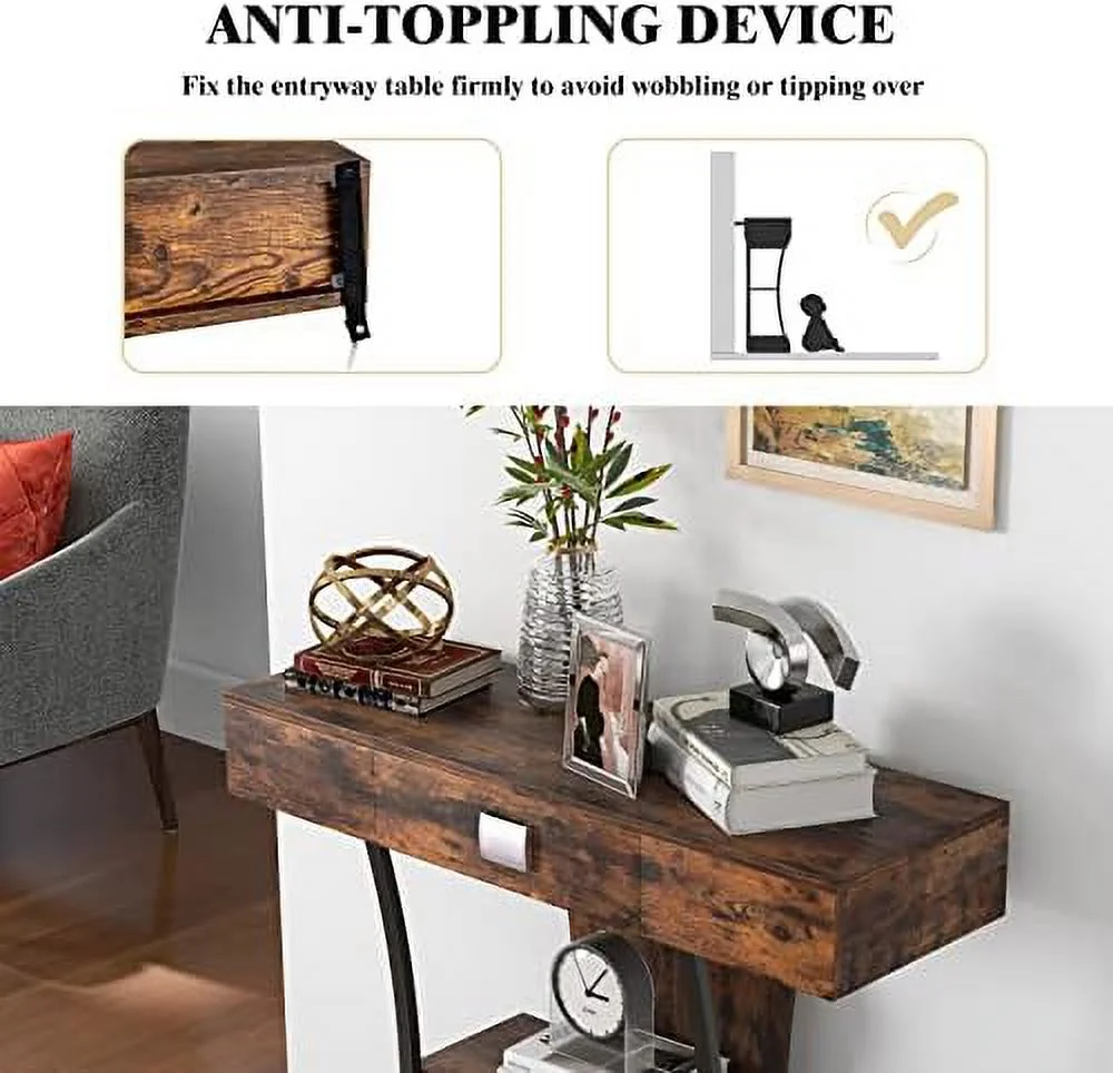 WTYNKAE 3-Tier Console Table  Narrow Sofa Table with  Drawer  Open Shelves &amp