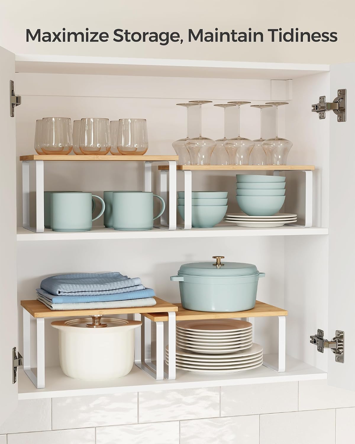 SONGMICS Cabinet Organizer Shelf, Set of 4 Kitchen Counter Shelves, Kitchen Storage, Spice Rack, Stackable, Expandable, Metal and Engineered Wood