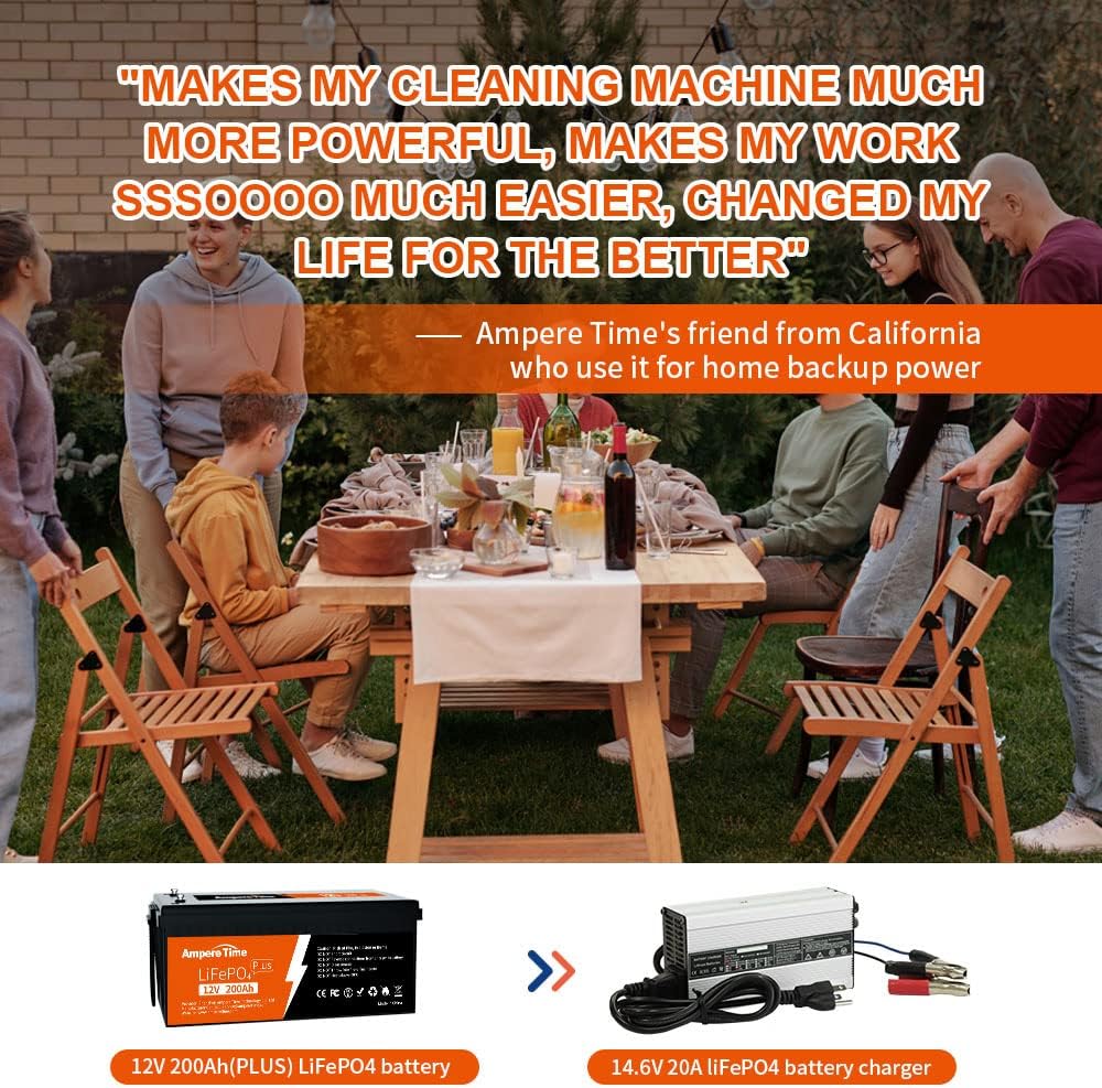 Ampere Time 12V 300Ah LiFePO4 Battery with 14.6V 20A Dedicated Lithium Battery Charger, Max 2560W Power Output, Built-in 200A BMS, 4000+ Cycles