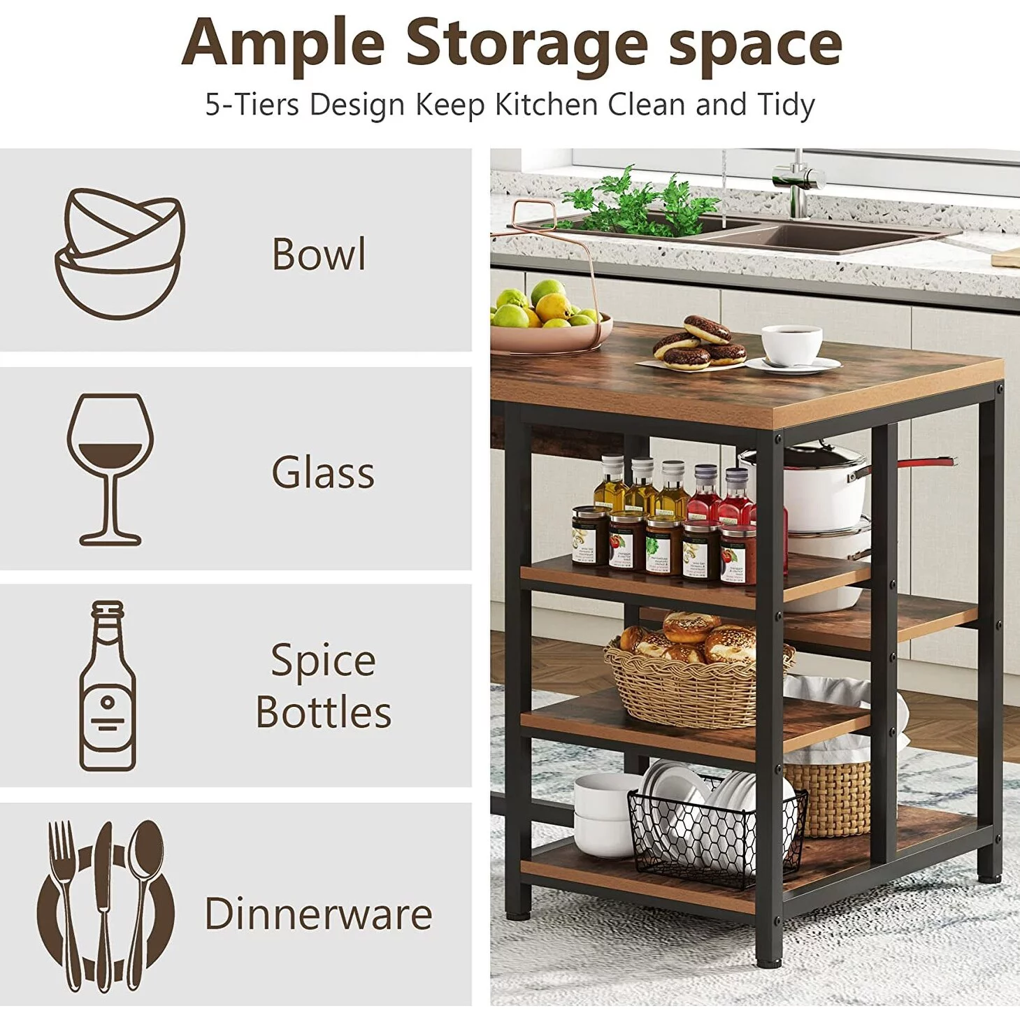 Industrial Kitchen Island with Storage Shelves,Small Dining Table with 5 Shelves, Saving Space(Not Including Stools)
