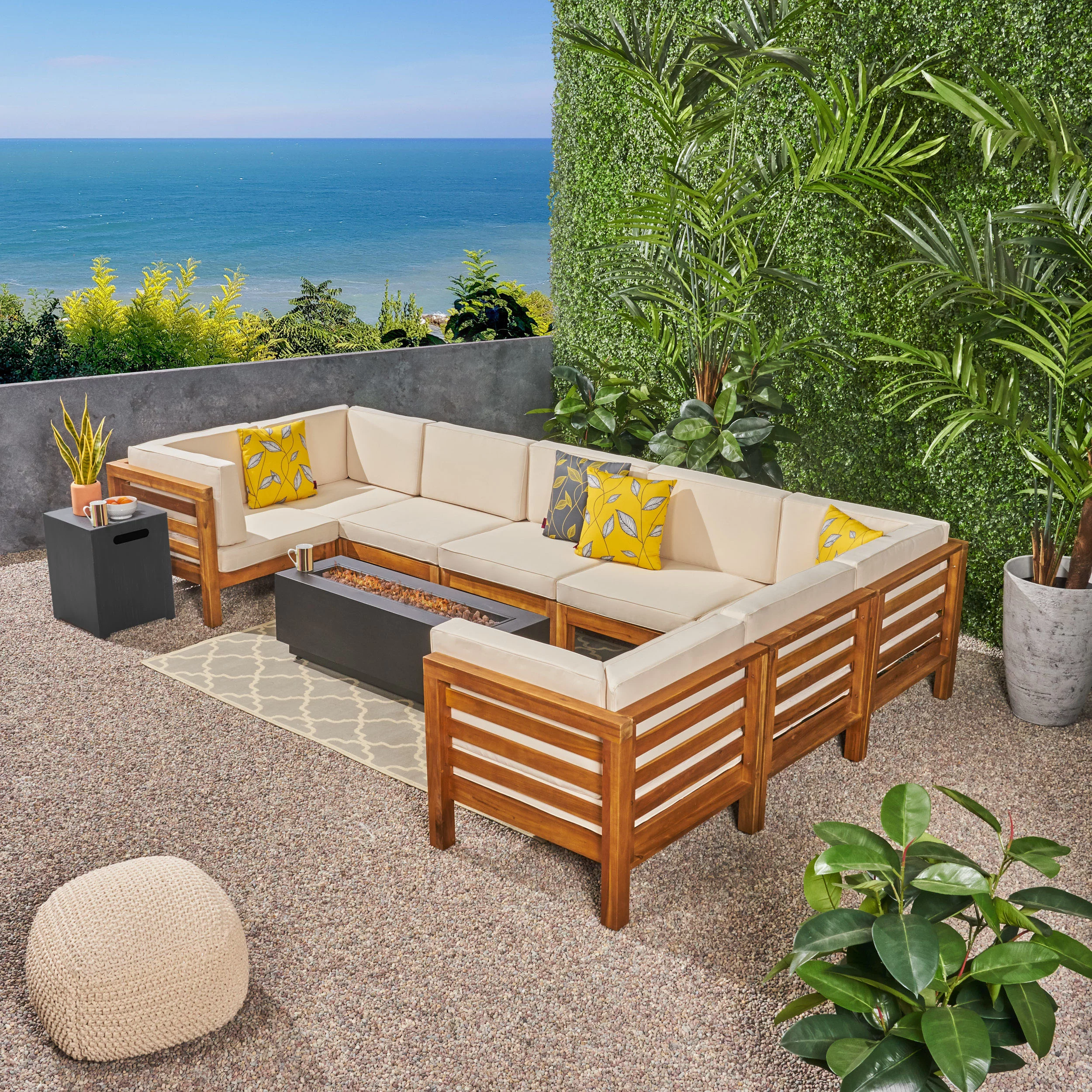 GDF Studio Krystin Outdoor U-Shaped Sectional Sofa Set with Fire Pit, Brown