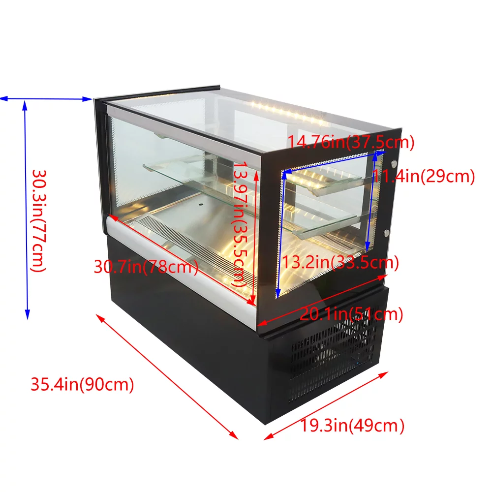 INTSUPERMAI 35" Refrigerated Cake Showcase Cooling Display Case Bakery Cabinet Defrost Right Angle 2-layer Back Sliding Door Desktop 220V