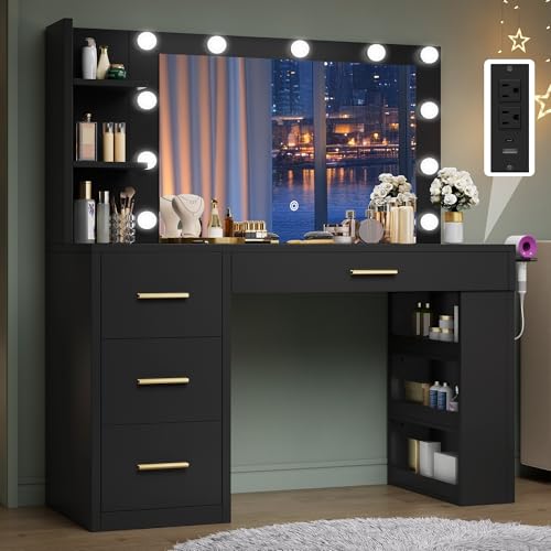DWVO Vanity Desk with Mirror, Large Makeup Table with Power Outlets, 11 LED Bulbs, 3 Adjustable Light Modes, 4 Drawers and Built-in Shelves