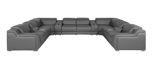 Ibero 12-Piece Italian Leather Sectional Sofa Set with 4 Recliners, Power Adjustable Headrests, USB and Wireless Phone Charger and Console Storage