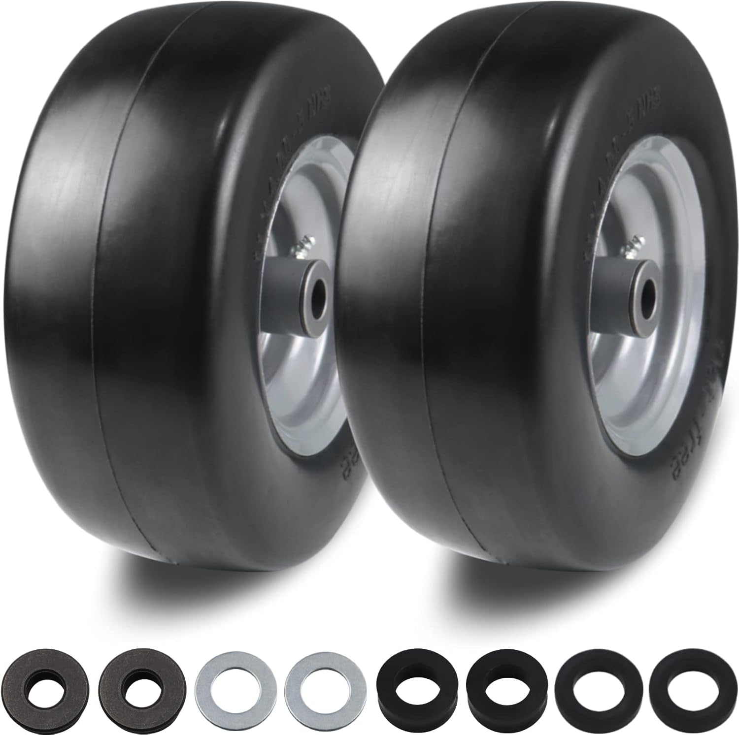 2 PCS 11x4.00-5" Flat Free Lawn Mower Tire on Wheel, 3/4" or 5/8" Bushing, 3.4"-4"-4.5 -5" Centered Hub