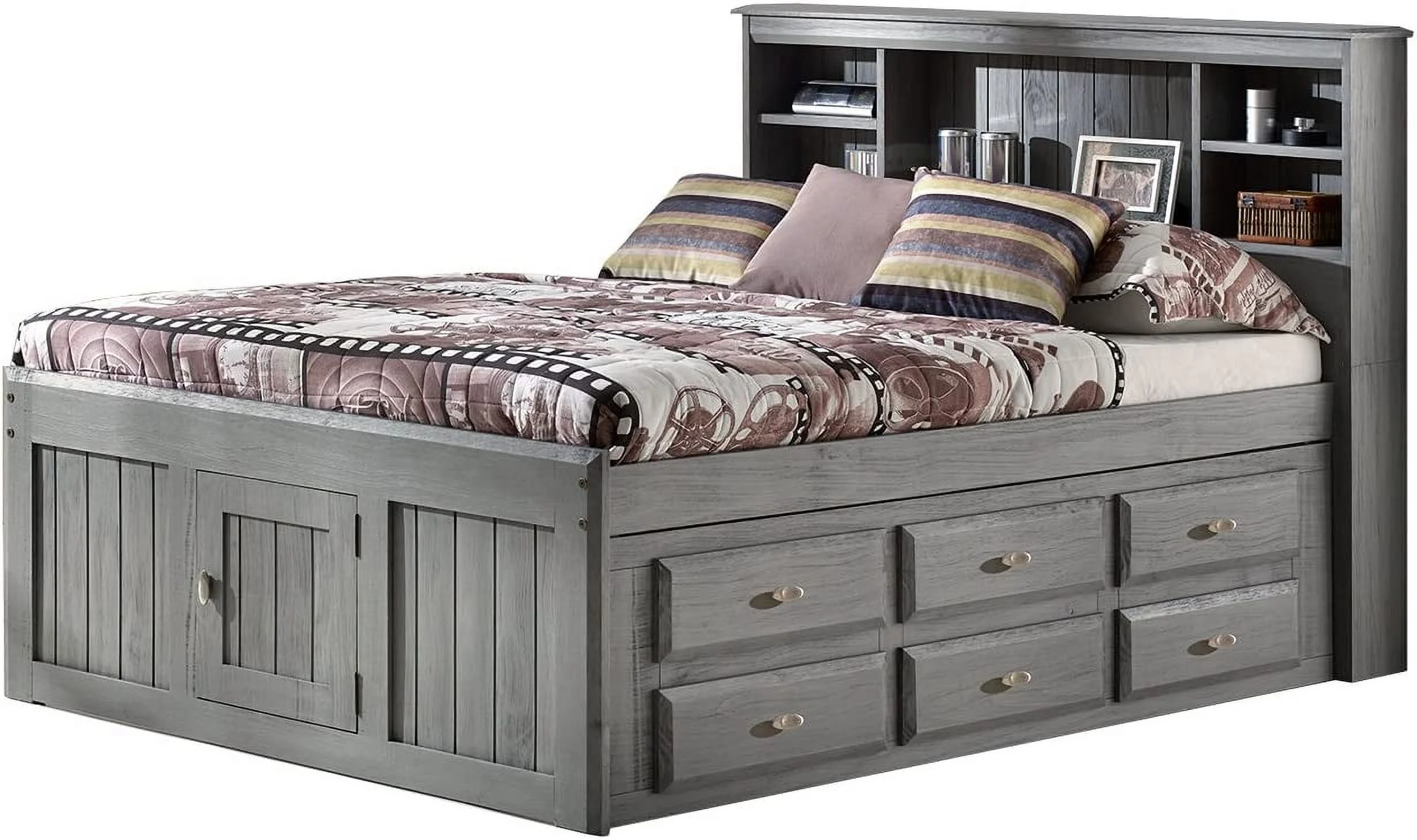 Discovery World Furniture - Full Size Bed Frame with Headboard Bookcase Captain Bed with 6 Drawers, Full Size Bed with Storage, Charcoal