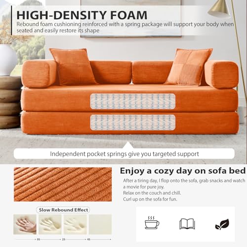 4-in-1 Folding Convertible Sofa Bed, 78 Inch Boneless Couch with Fixed-Shape Frame, Corduroy Loveseat Sleeper with Pull Out Bed
