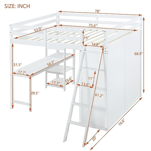 Harper & Bright Designs Full Size Loft Bed with Wardrobe and Desk, Solid Wood Loft Bed Frame with Storage, for Kids Teens Adults (Full Size, White)