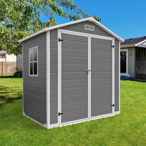 6x4 FT Outdoor Storage Resin Shed with Floor,Waterproof Plastic Garden Bike Shed with Lockable Door, Sloped Roof, Vents & Windows