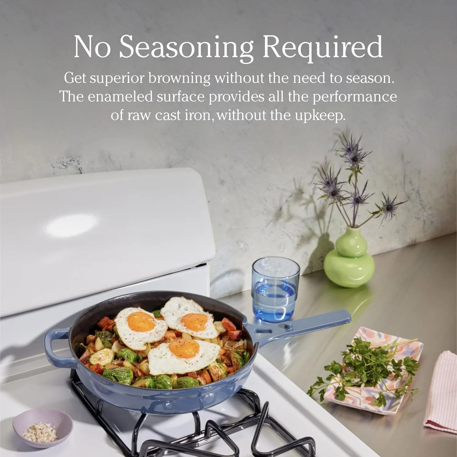 Cas Iron Always Pan | Premium Enameled, oxin- Surface | 10-Inch 8-In-1 Mulifuncional Cookware Sysem | Lid