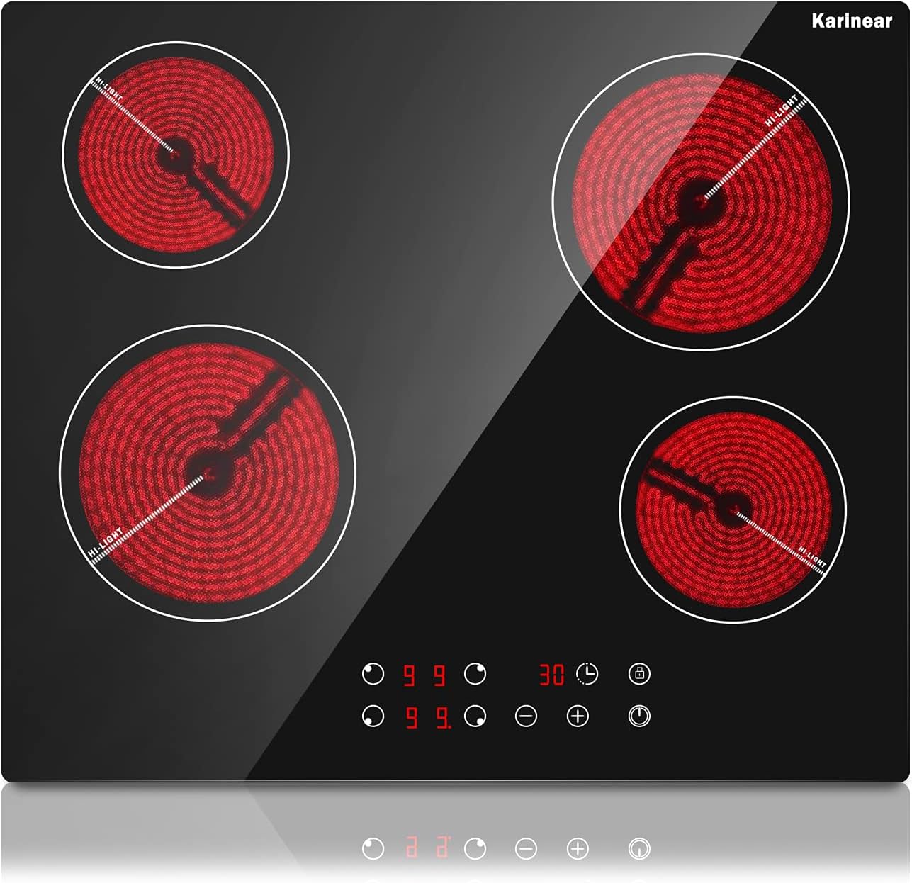 Karinear 2 Burner Electric Cooktop 12 Inch, Drop-in Electric Radiant Cooktop 220v - 240v with Child Safety Lock, Timer, Residual Heat Indicator