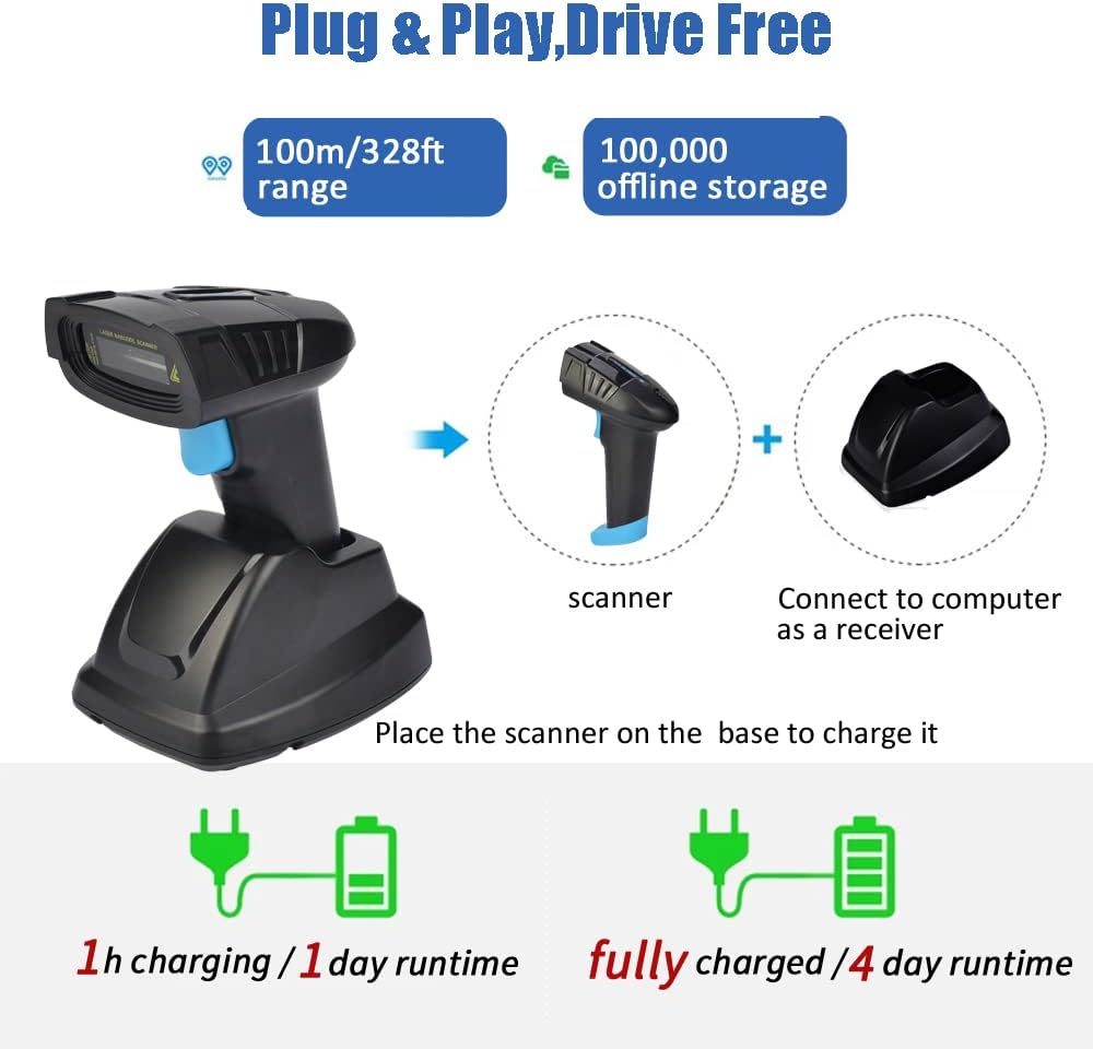 REALINN Cordless Barcode Scanner 2D QR Code Bar Code Reader with USB Cradle 328ft Transmission Distance CMOS Imager Data Matrix PDF417 UPC Scanners