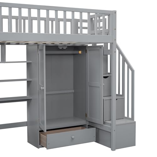 Twin Loft Bed with Staircase, Desk and Wardrobe, Wood Loft Bed with Storage Shelves and Safety Guardrail