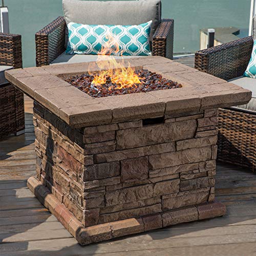 COSIEST Outdoor Propane Concrete Fire Pit Table w Imitation Stone Surface 32-inch Round Fire Table, CSA Certified, 40,000 BTU Stainless Steel Burner
