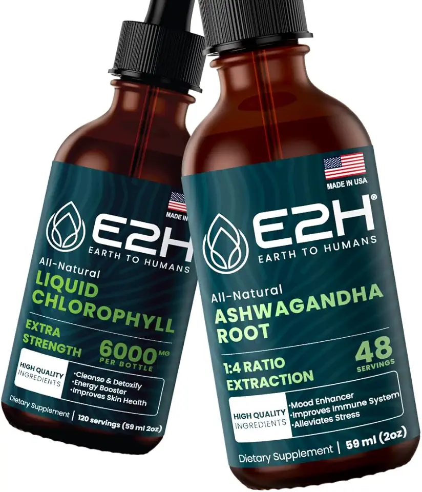 E2H: Liquid Chlorophyll and Ashwagandha Liquid Drops | Vegan, Non-GMO - 2 Fl Oz Each (4 Fl Oz Total) - Bundle - Kansas Nuitrition - HNZSDS