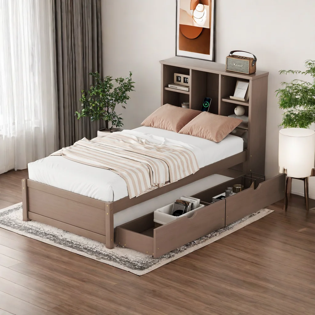 Modern Twin Size Bed Frame With Built-in USB Port on Bookcase Headboard and 2 Drawer,Platform Bed with Storage Headboard for Bedroom