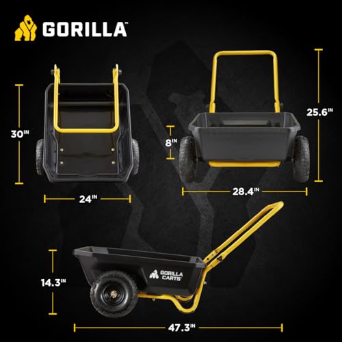 Gorilla Carts Heavy-Duty Dump Cart, Patented Quick-Release Dumping, Steel Frame, 600 lb Capacity, No-Flat 10-Inch Tires, Utility Wagon for Garden