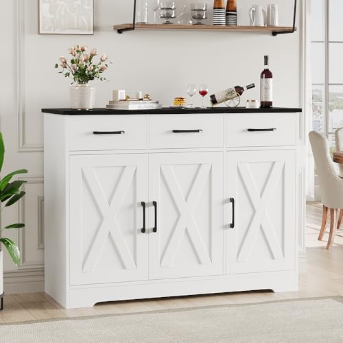 HOSTACK Modern Farmhouse Sideboard Buffet Cabinet, Barn Doors Buffet Storage Cabinet with Drawers and Shelves
