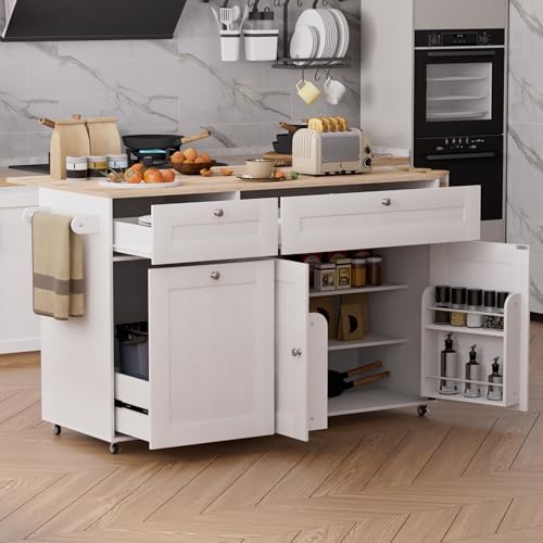 Kitchen Island on Wheels with Trash Can Storage, Rolling Kitchen Island with Drop Leaf and Power Outlet