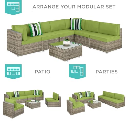 Best Choice Products 7-Piece Modular Outdoor Sectional Wicker Patio Conversation Set w/ 2 Pillows, Coffee Table, Cover Included - Gray/Navy