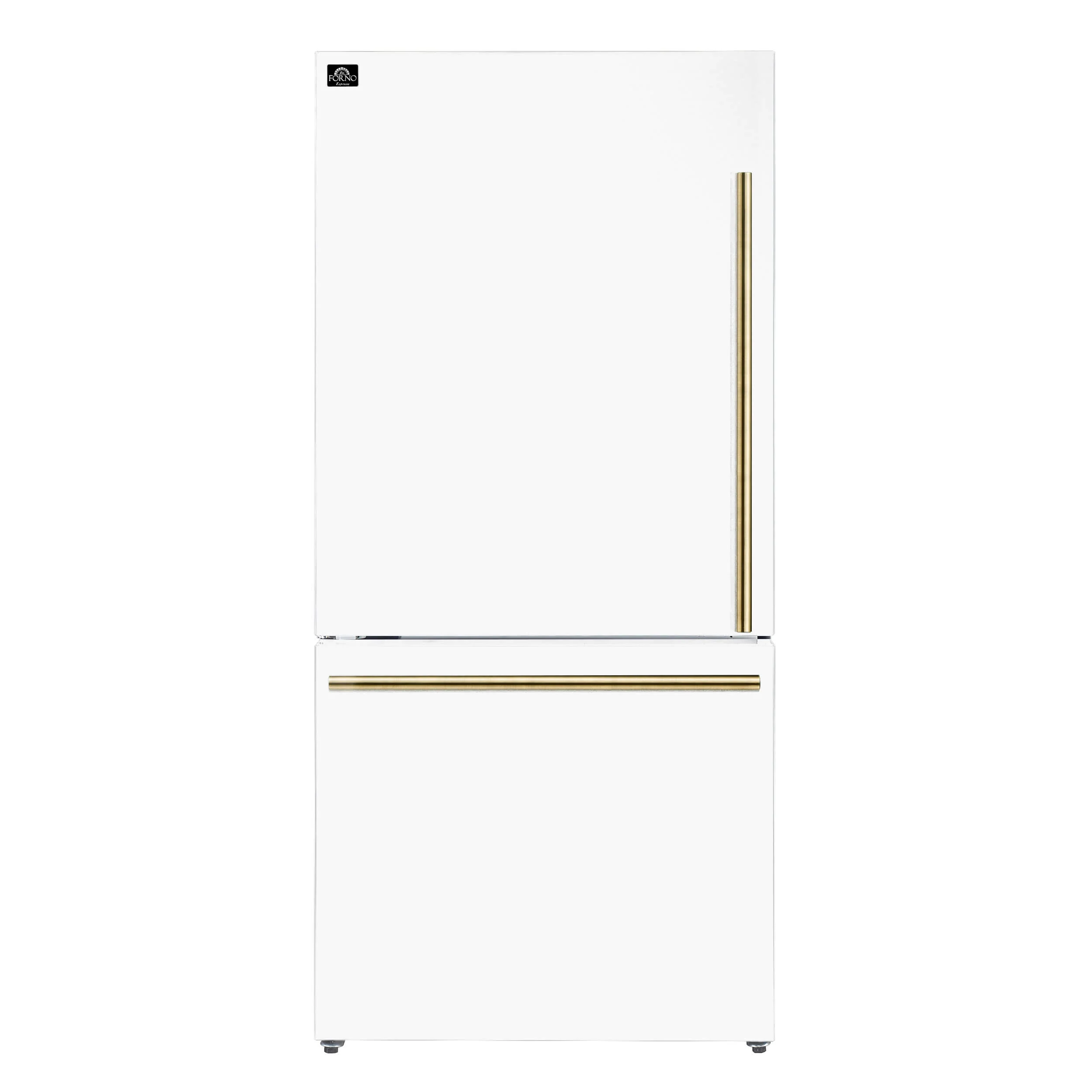 Forno Espresso 31 17.2 Cu. Ft. Refrigerator and Bottom Freezer with Ice Maker in White and Antique Brass Handles