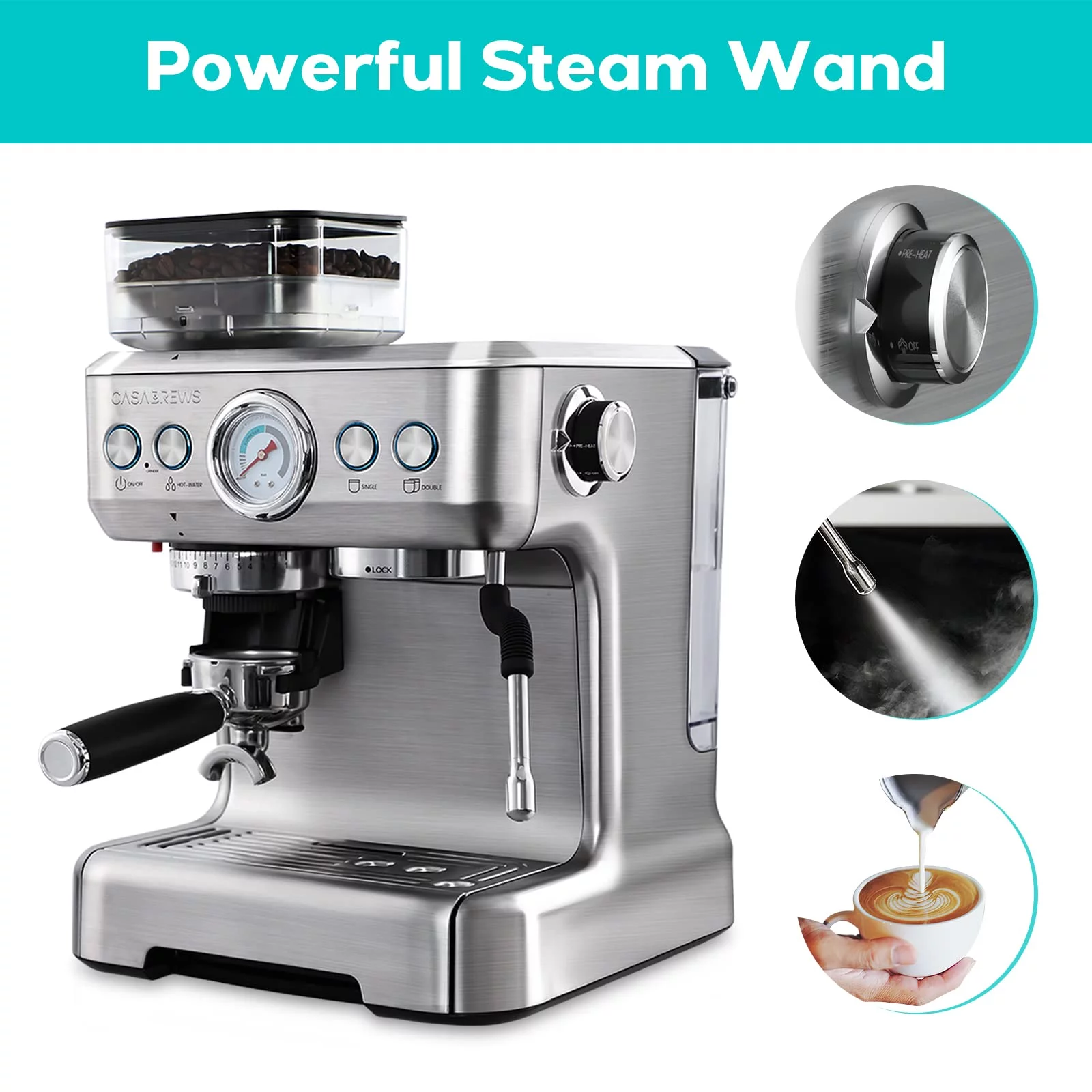 Casabrews 20 Bar Espresso Machine with Milk Frother Steam Wand, Cappuccino Machine with Grinder, Silver