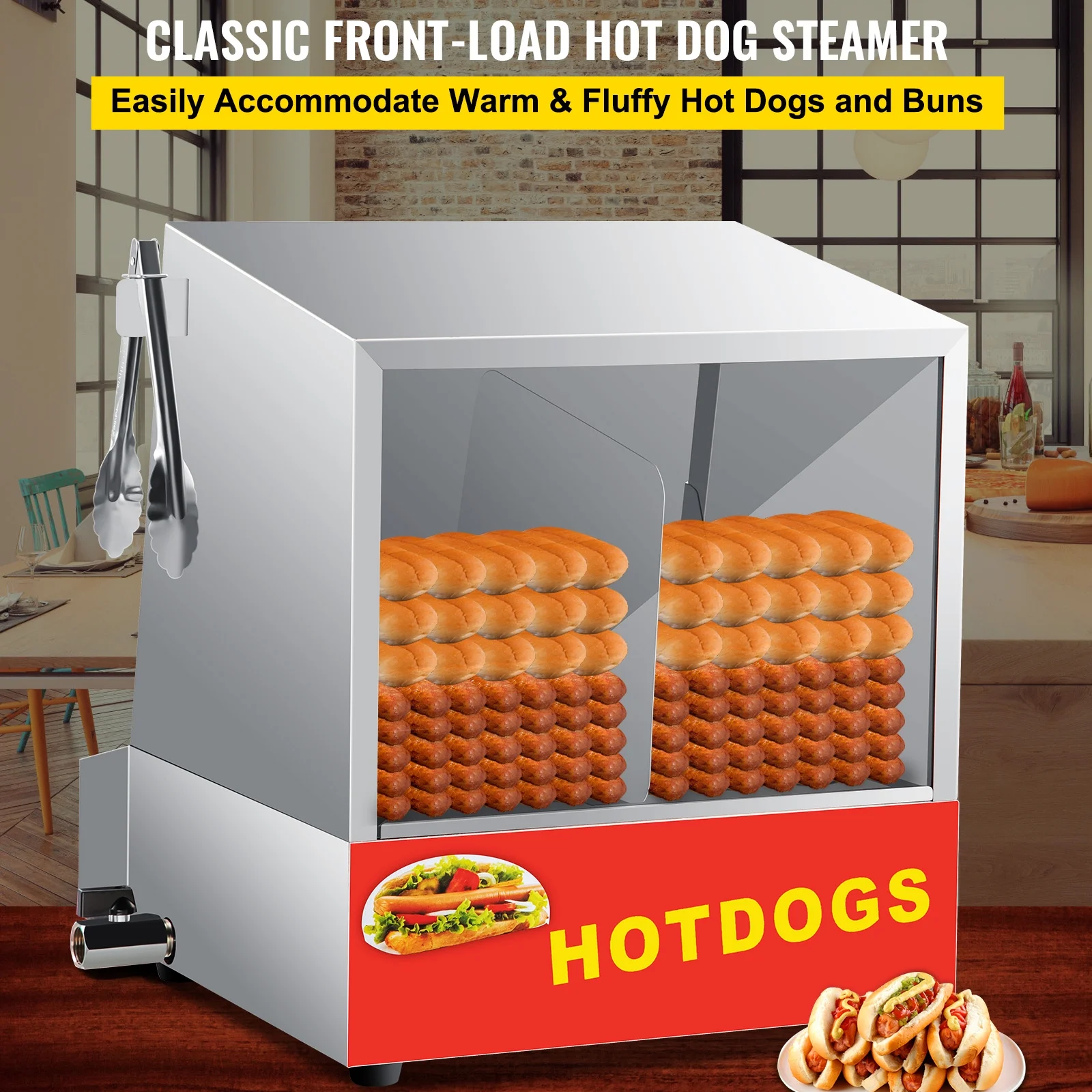 VEVOR Hot Dog Steamer, 36L/32.69Qt, Classic Hut Steamer for 96 Hot Dogs & 30 Buns