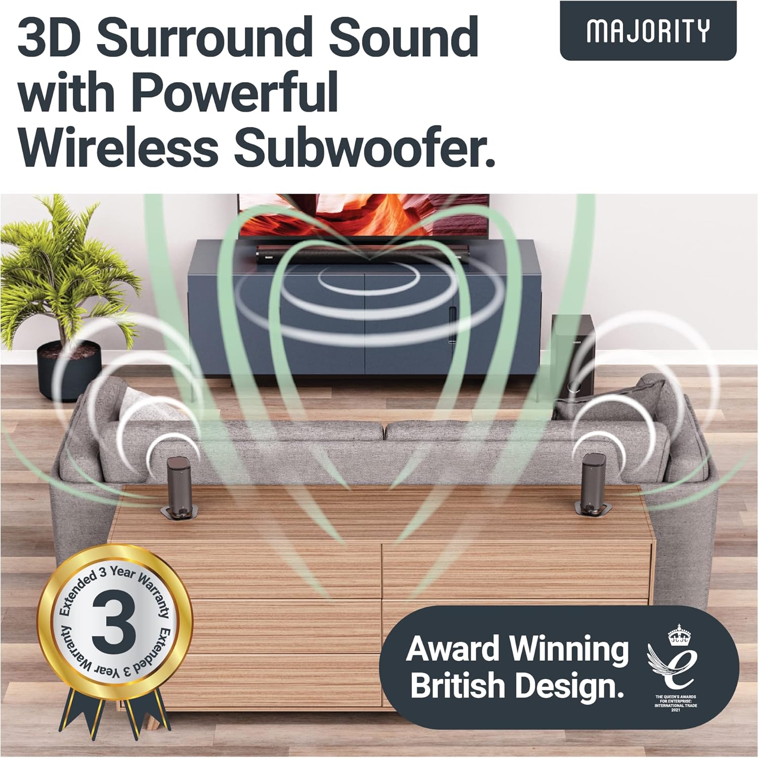 MAJORITY Everest 5.1 Dolby Audio Surround Sound System with Soundbar | 300 WATT with Wireless Subwoofer | Rechargeable Detachable Satellite Speakers