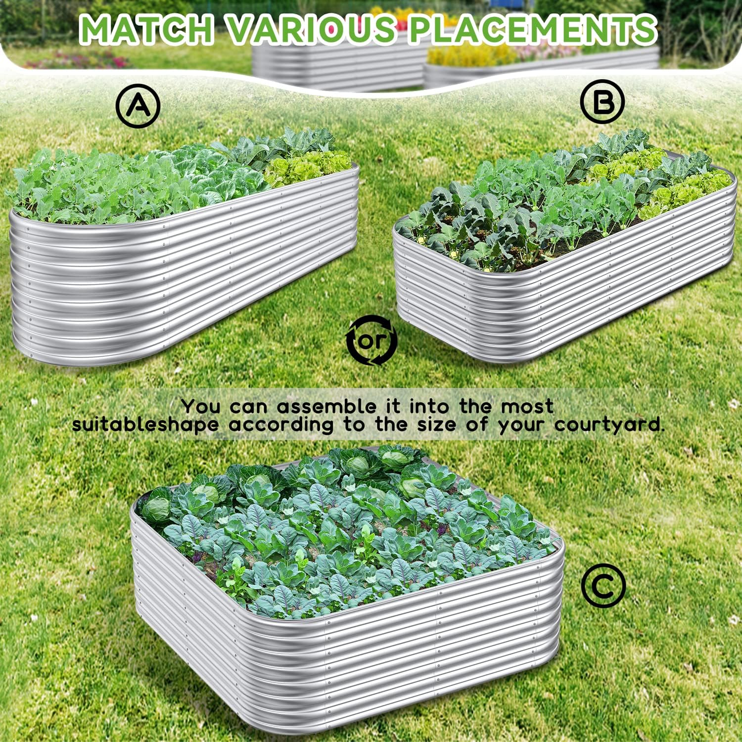 8x2x2/6.5x3.5x2/5x5x2ft Outdoor Galvanized Raised Garden Bed, 9 in 1 Adjustable Planter Raised Bed for Gardening