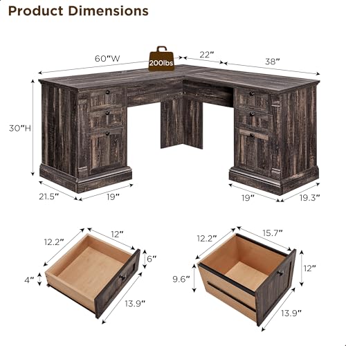 OKD 60" Executive Desk with Drawers, Farmhouse Home Office Desk with Charging Station, Keyboard Tray, File Cabinet Storage