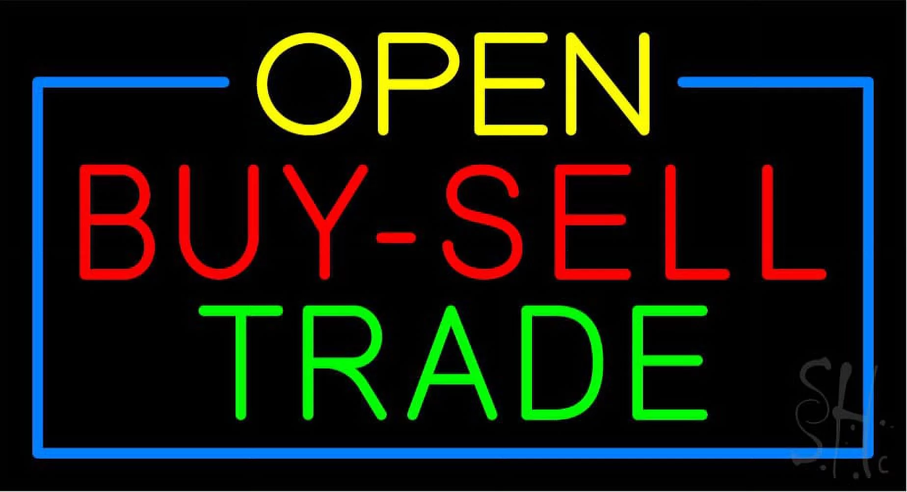 Yellow Open Buy Sell Trade Blue Border LED Neon Sign 13 x 24 - inches, Black Square Cut Acrylic Backing, with Dimmer