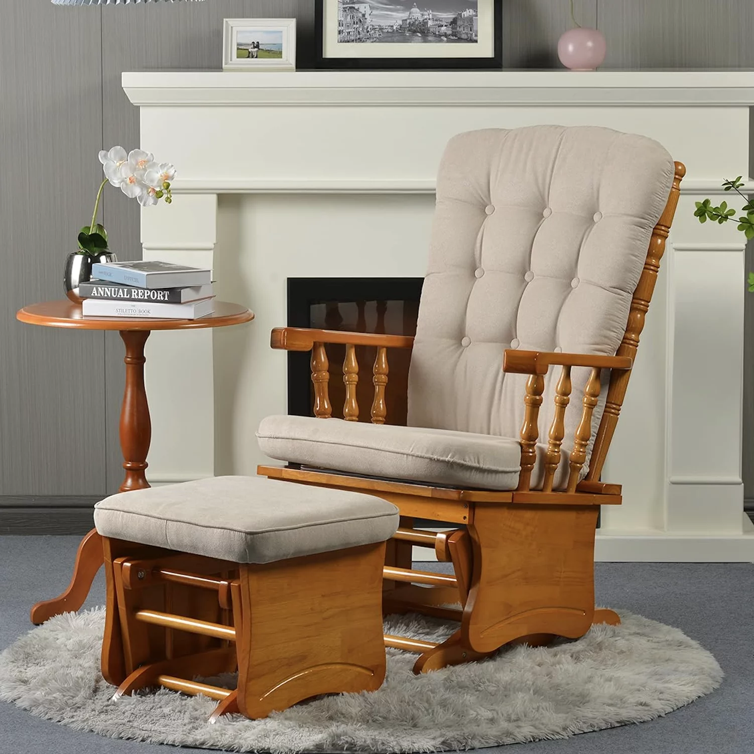 Rustic Glider Chair for Nursery with Ottoman, Resistant Rubber Wood Nursery Glider and Ottoman Sets for Relaxing