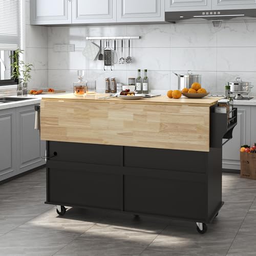 Kitchen Cart with Wood Top and Drop Leaf Breakfast Bar, Rolling Mobile Kitchen Island Table on Wheels with Drawer and Storage Cabinet, Spice Rack