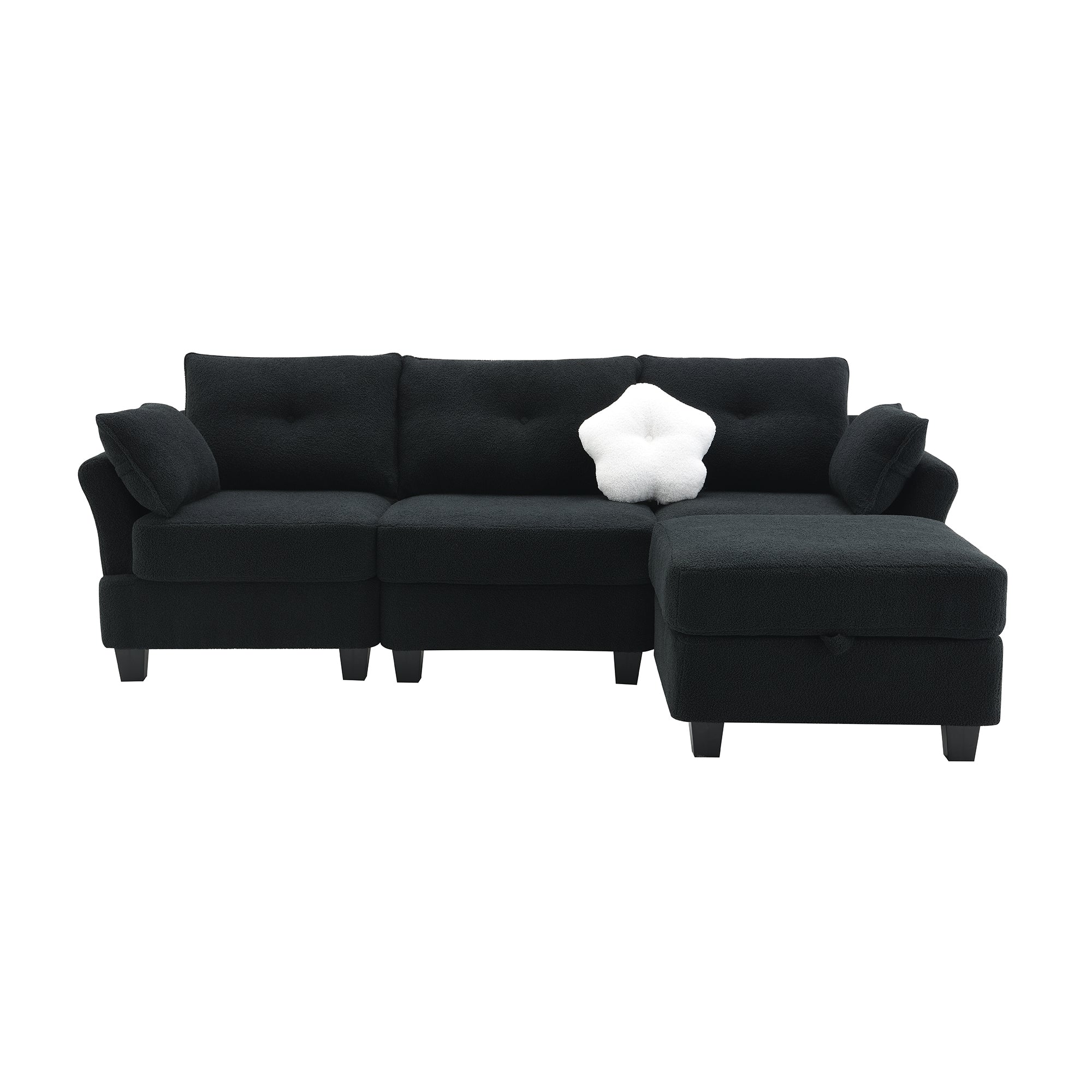 Fayen Velvet Sectional Sofa with Storage Ottoman - Black
