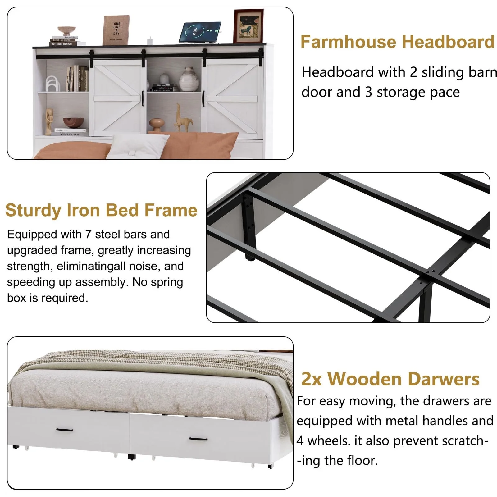 PAKASEPT Farmhouse Queen Size Wooden Platform Bed Frame with Bookcase Headboard Storage, Charging Station, and Sliding Barn Door, No Box Spring Needed