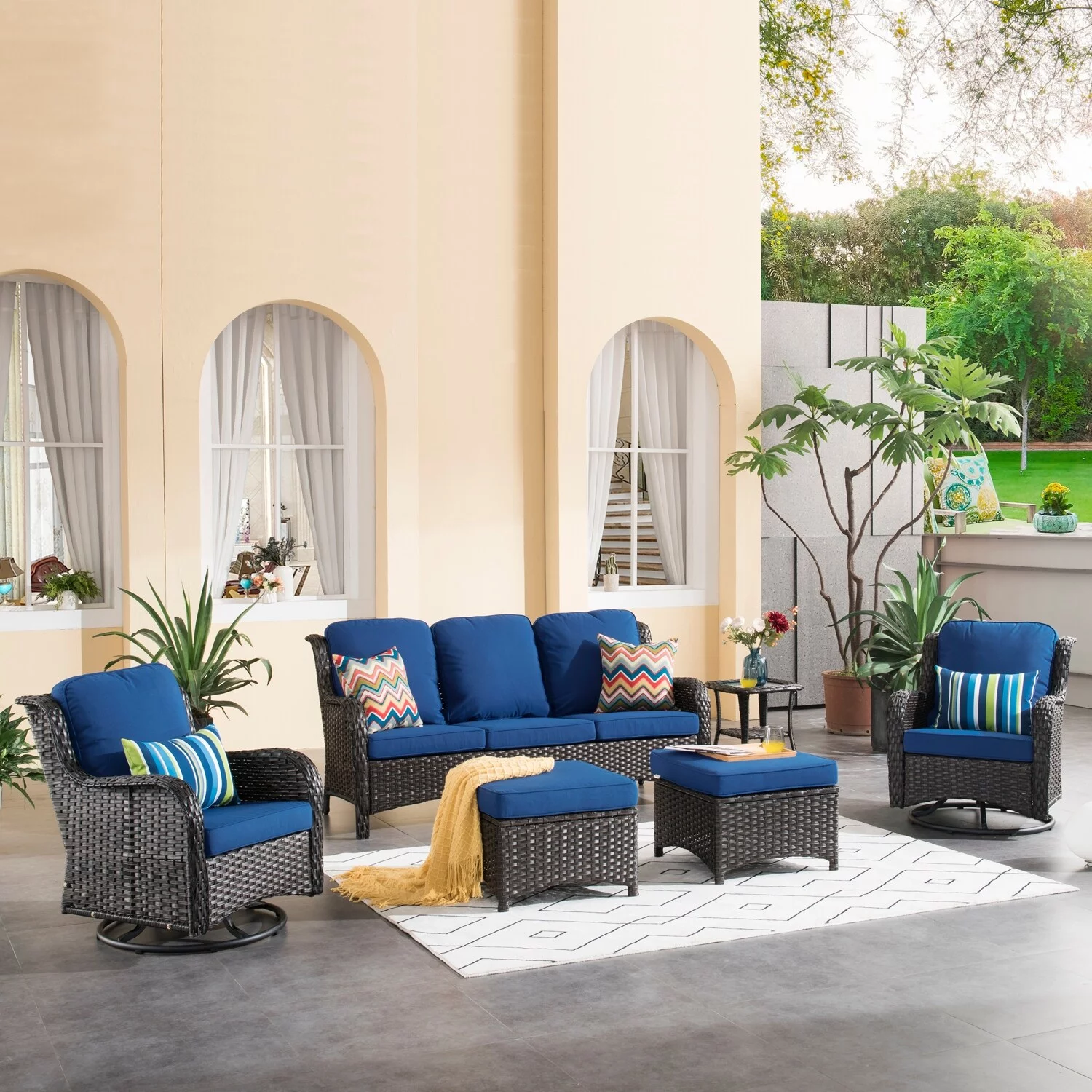 OVIOS  6-piece Rattan Wicker Patio Furniture Set Swivel Rocking Chair Set Navy Blue