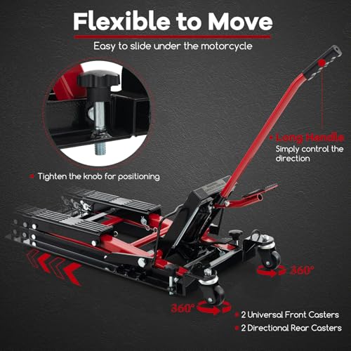 Goplus Motorcycle Lift, 1500 LBS Hydraulic ATV Scissor Jack with Footplates & Long Handle, 2 Ratchet Belts, 4 Wheels, 4.7”-15” Lifting Range