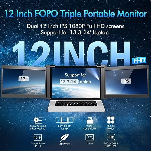 FOPO 12" Triple Laptop Screen Extender Triple Portable Monitor for 13"-14.1" Laptop, FHD 1080P IPS Dual Display