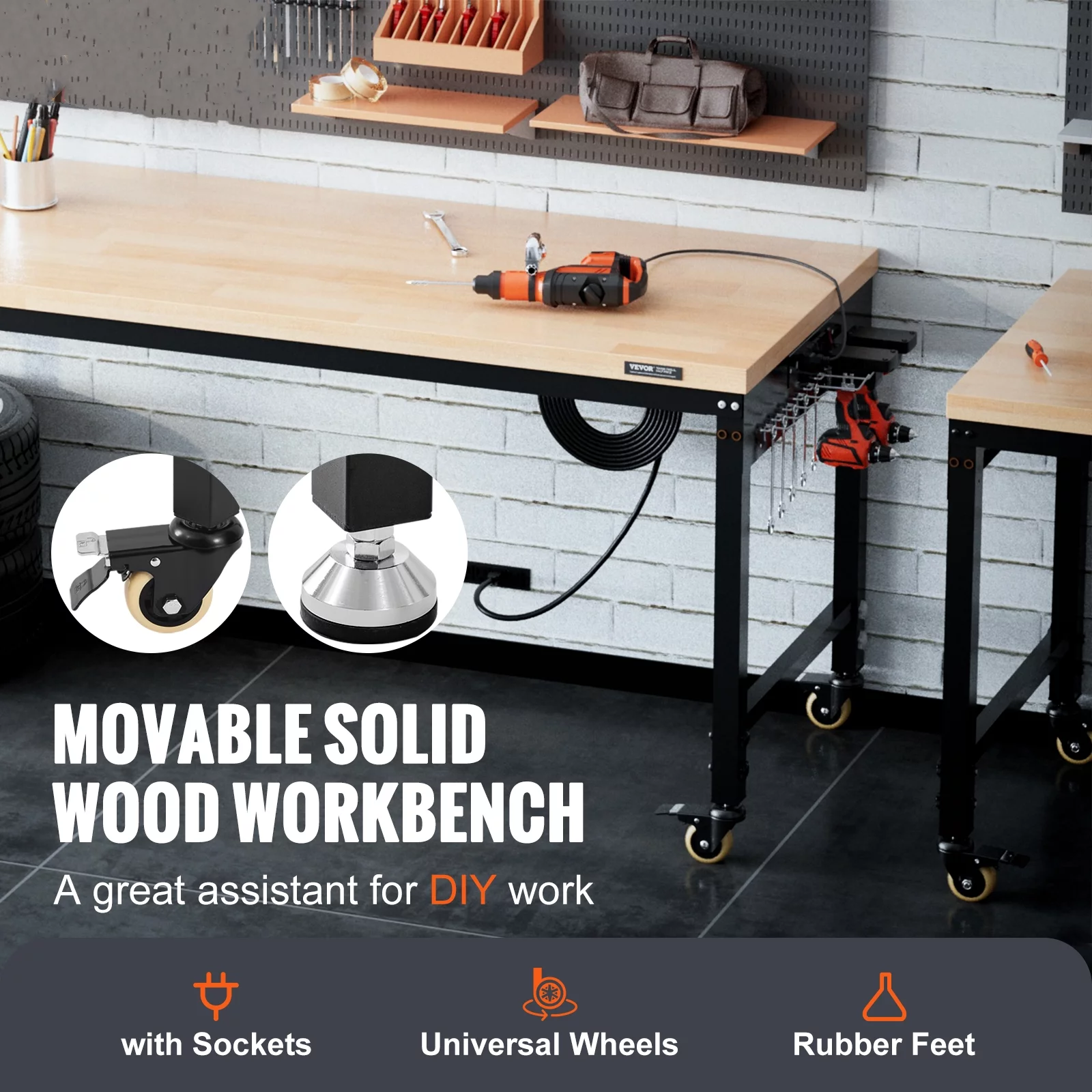 BENTISM Adjustable 28-39.5" Heights Workbench, 72" L X 25" W Garage Worktable with Universal Wheels, 3000 LBS Load Capacity, with Power Outlets
