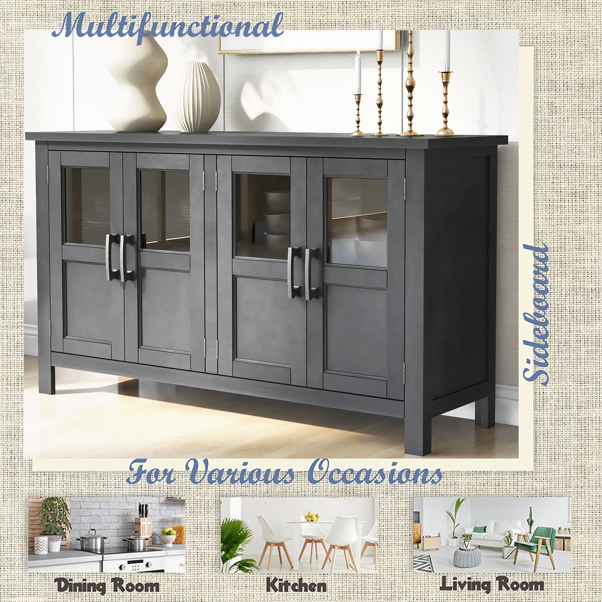 Buffet Cabinet with 4 Doors, Farmhouse Storage Cabinet, Atumon Storage Cabinet with Adjustable Shelves and Metal Handles