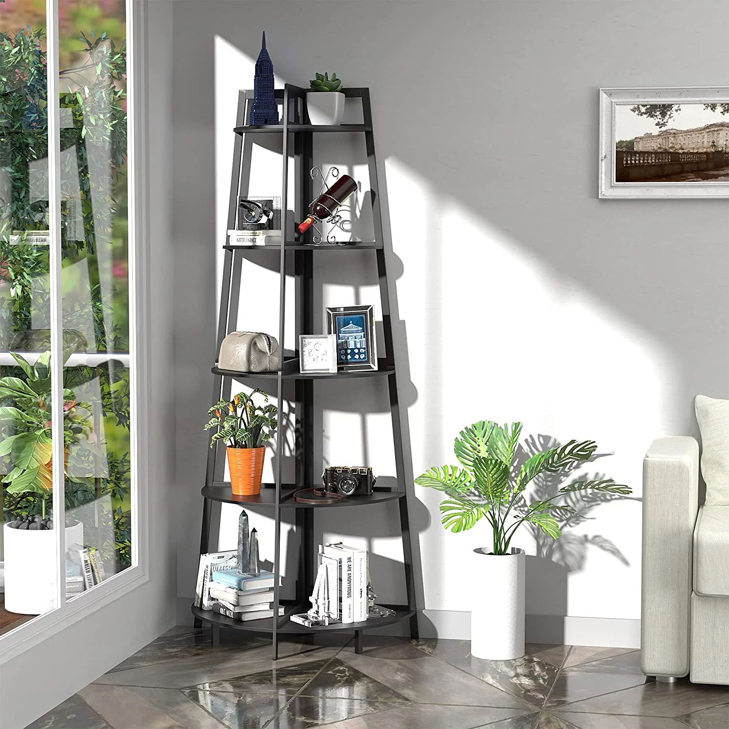 Corner Shelf 70 Inch Tall Bookshelf 5- Tier Industrial Corner Bookcase Corner Ladder Shelf Thin Bookshelf Rustic Bamboo Stand for Living Room