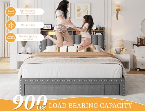 EnHomee Queen Bed Frame with 3 Storage Drawers, Upholstered Bed Frame Queen Size with 2-Tier Storage Headboard, Wooden Slats, No Box Spring Needed