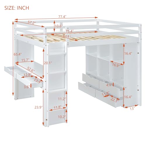 Full Size Loft Bed with Desk & Wardrobe, Solid Wood Kids Loft Bedframe w/3 Storage Drawers & 2 Shelves, Maximum Space Design, for Bedroom, Dorm, Gray