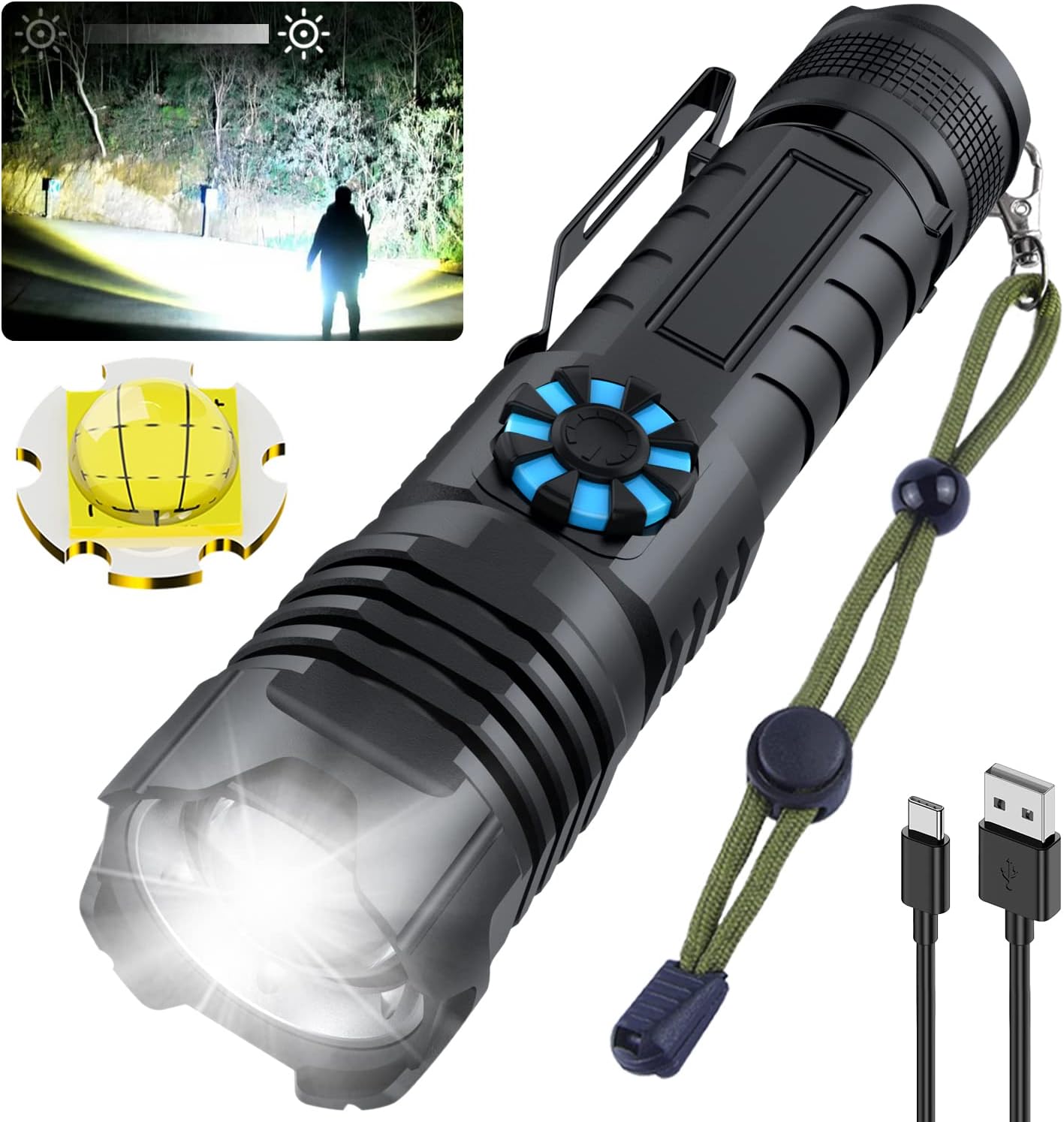 LED Rechargeable Flashlights - High Power 100000 High Lumens Tactical Flashlight for Emergencies,Stepless Dimming