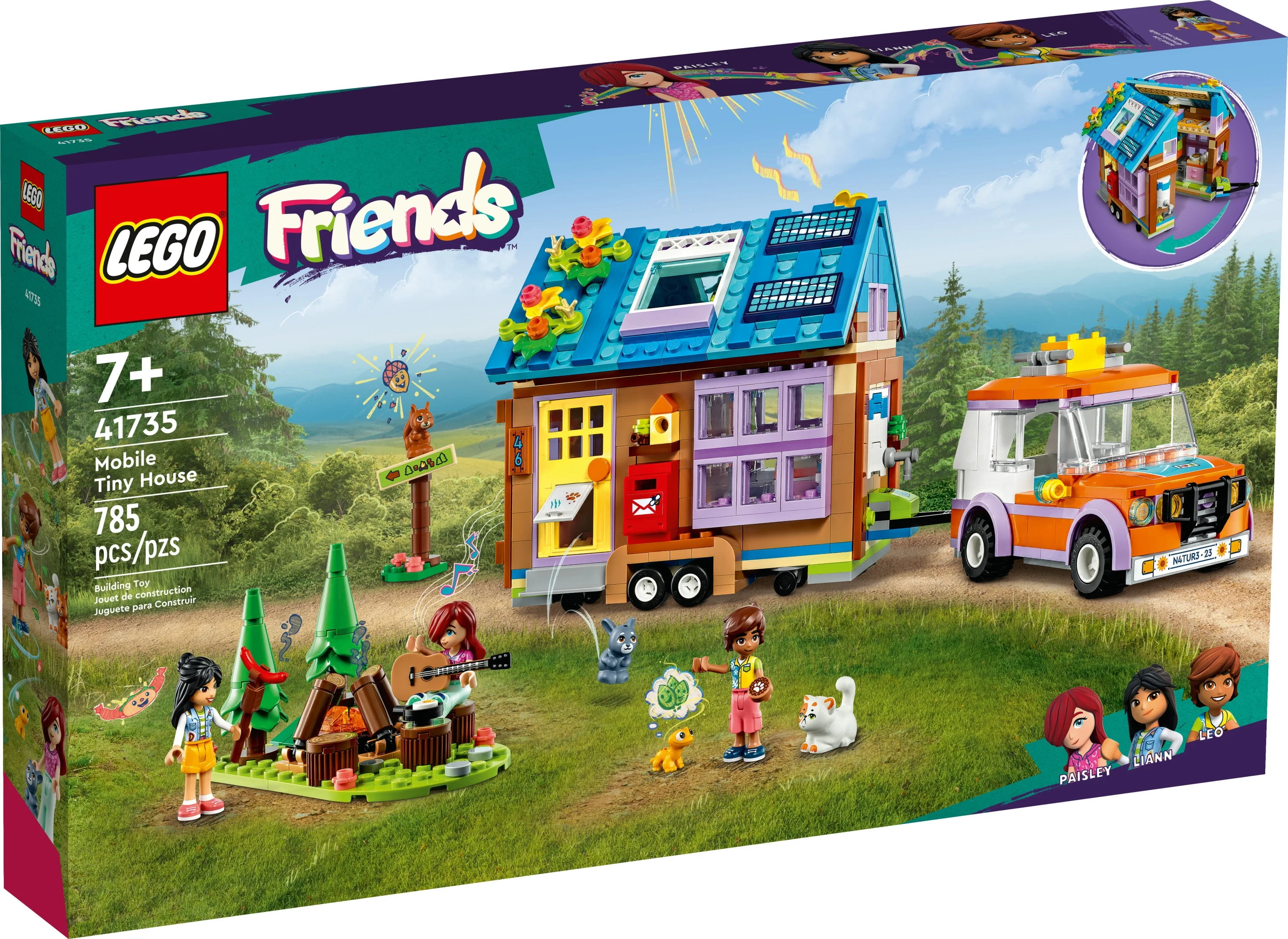 LEGO Friends Mobile Tiny House 41735, Forest Camping Dollhouse Pretend Play Set with Toy Car, Includes Leo & Liann Friendship Mini-Dolls