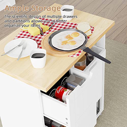 Shintenchi Rolling Kitchen Island Cart with Folding Drop Leaf Breakfast Bar, Portable Trolley Island with Large Storage Cabinet, Shelf and Drawer